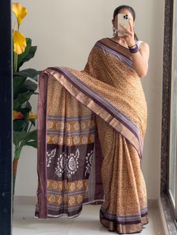 Suha - Mustard Beautiful Bagru Floral Printed Saree with unstitched blouse