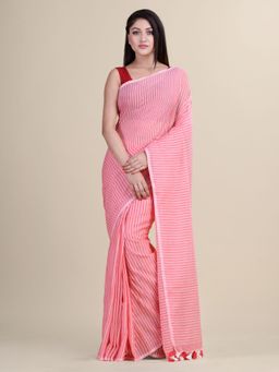 LAA CALCUTTA - Pink & White Cotton Silk Hand Printed Saree With Unstitched Blouse