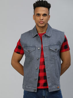 Urbano Fashion - Men Light Grey Slim Fit Washed Sleeveless Denim Jacket