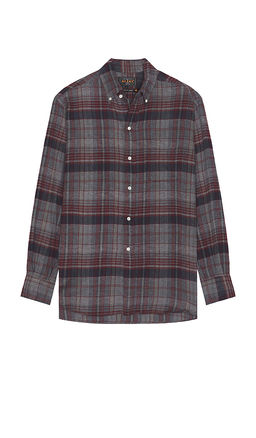 Beams Plus - Open Collar Brushed Satin Plaid Shirt