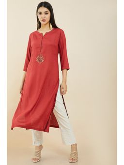 Soch - Women Rust Rayon Solid-Plain Kurta