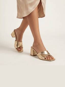 CHLLEN - Gold Cross Strap Open Toe Block Heels