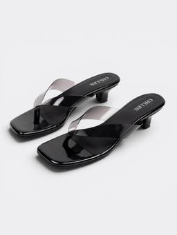 CHLLEN - Black Luxe Clear Strap Kitten Heels