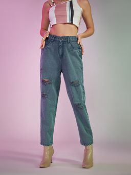 MIXT by Nykaa Fashion - Charcoal Grey Ripped High Waist Ankle Length Jeans