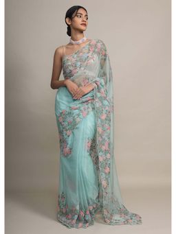 KALKI FASHION - Blue Saree in Organza Floral Resham and Beads Embroidered with Unstitched Blouse