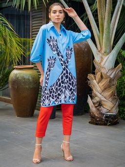 IKI CHIC - Bae Giraffe Print Oversized Shirt With Blue Straight Pants (Set of 2)