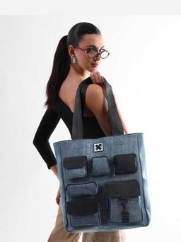 NO MORE - Pocket Cluster Denim Blue Tote Bag