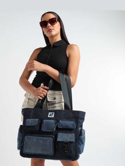 NO MORE - Pocket Cluster Denim Blue Tote Bag