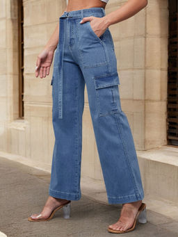 Miss Chase - Women Blue Solid Wide Fit Jeans with Belt (Set of 2)