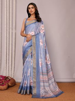 Janasya - Women's Blue Chanderi Silk Floral Printed Saree with Unstitched Blouse