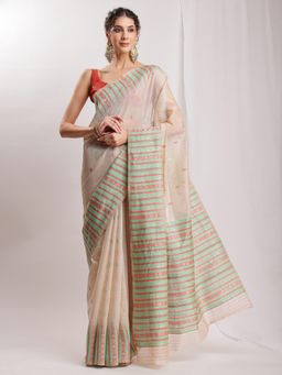 Janasya - Women's Beige Silk Blend Ikkat Woven Jacquard Saree with Unstitched Blouse