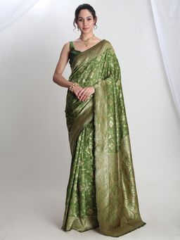 Janasya - Women's Green Silk Blend Woven Jacquard Saree with Unstitched Blouse