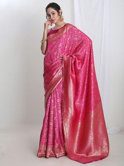 Janasya - Women's Pink Silk Blend Floral Woven Jacquard Saree with Unstitched Blouse