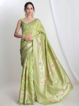 Janasya - Women's Green Silk Blend Floral Woven Jacquard Saree with Unstitched Blouse