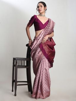 Janasya - Women's Dusty Pink Silk Blend Woven Jacquard Saree with Unstitched Blouse