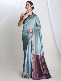 Janasya - Women's Light Blue Silk Blend Woven Jacquard Saree with Unstitched Blouse