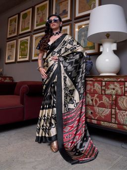 Stylum - Women's Black Printed Satin Saree with Unstitched Blouse
