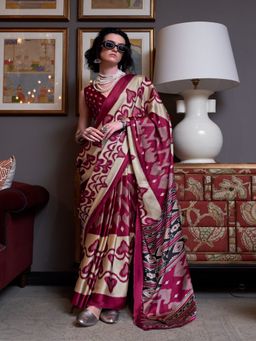 Stylum - Women's Maroon Printed Satin Saree with Unstitched Blouse