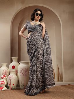 Stylum - Women's Black Floral Printed Cotton Blend Saree with Unstitched Blouse