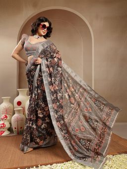 Stylum - Women's Black Floral Printed Cotton Blend Saree with Unstitched Blouse