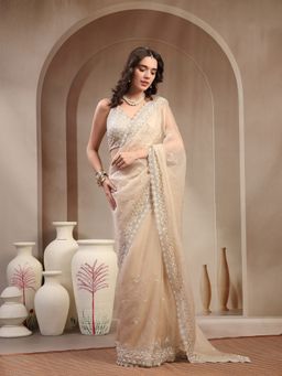 Stylum - Women's Cream Solid and Embroidered Organza Saree with Unstitched Blouse