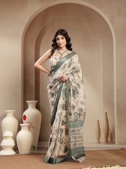Stylum - Women's Beige Floral Printed Cotton Blend Saree with Unstitched Blouse