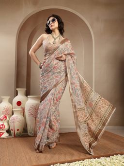 Stylum - Women's Beige Floral Printed Cotton Blend Saree with Unstitched Blouse