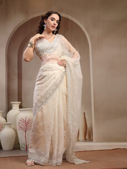 Stylum - Women's Cream Solid and Embroidered Organza Saree with Unstitched Blouse