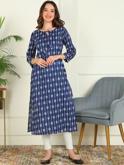 Mokshi - Womens Blue Printed Cotton Straight Kurta