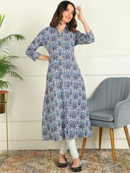 Mokshi - Womens Blue Abstract Printed Cotton A-Line Kurta