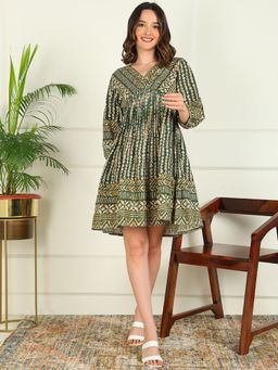 Mokshi - Womens Green Abstract Printed Rayon Flared Tunic Dress