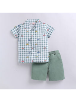 Snuggly Monkey - Green Car Theme Woven Checkered Shirt with Shorts