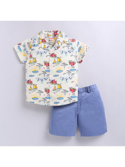 Snuggly Monkey - Multi-Color Beach Theme Woven Shirt with Shorts