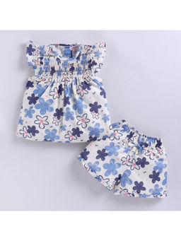 Snuggly Monkey - White Flower Print Gathered Top with Shorts
