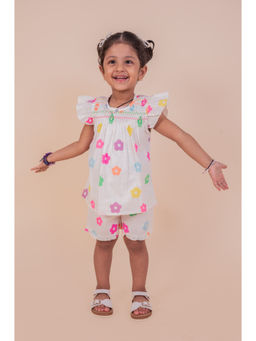 Snuggly Monkey - White Flower Print Gathered Top with Shorts