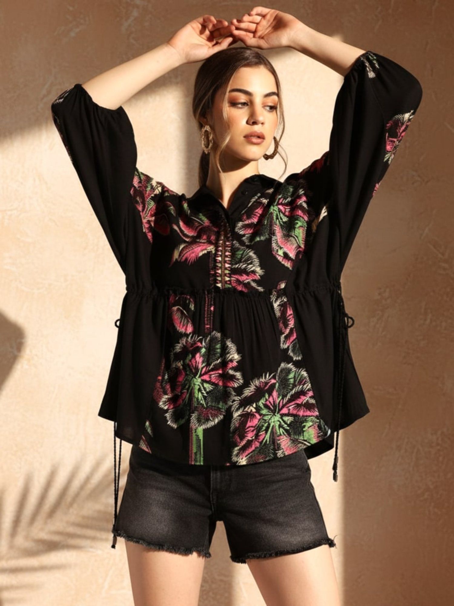 Relaxed Fit Black Floral Viscose Rayon Digital Printed Shirt Collar Kimono Top-image-2