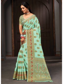 Sangam Prints - Blue Woven & Siroski Stone Work Traditional Saree with Unstitched Blouse