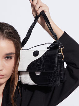 Haute Sauce - Black Colour blocked Pu Structured Sling Bag