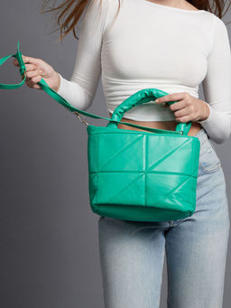 Haute Sauce - Women Green Quilted Hand Bag with Detachable Strap