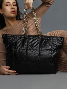 Haute Sauce - Black Textured Pu Oversized Structured Shoulder Bag with Detachable Strap