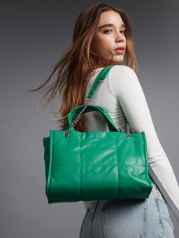 Haute Sauce - Green Structured with Quilted Handbag with Detachable Strap