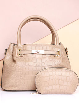 Haute Sauce - Textured Beige Women Handbag with Detachable Strap With Pouch (Set of 2)