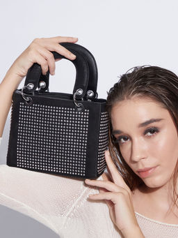 Haute Sauce - Rhinestone Top Handle Handbag with Detachable Strap - Black