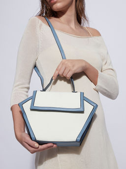 Haute Sauce - Women's The Roma Canvas Hand Bag with Detachable Strap - Steel Blue And Cloud White