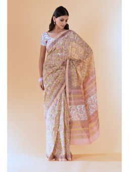 Shilpi Handicrafts - Aheli Pink Floral Chanderi Saree With Unstitched