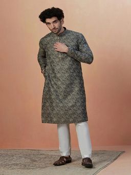 Manyavar - Men Grey Cotton Blend Kurta with Pyjama