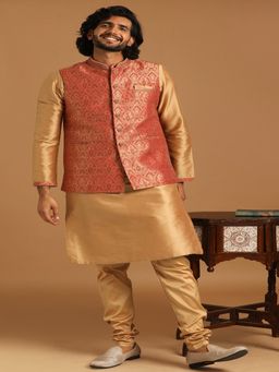 Manyavar - Men Rust Viscose Blend Jacket, Churidar with Kurta and Pocket Square