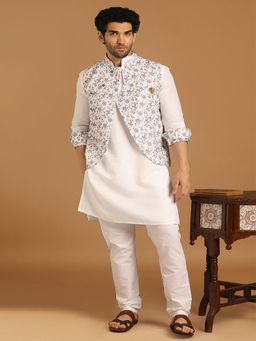 Manyavar - Men White Viscose Blend Kurta, Churidar with Jacket and Brooch