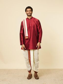 Manyavar - Men Maroon Art Silk Kurta with Dhoti and Dupatta