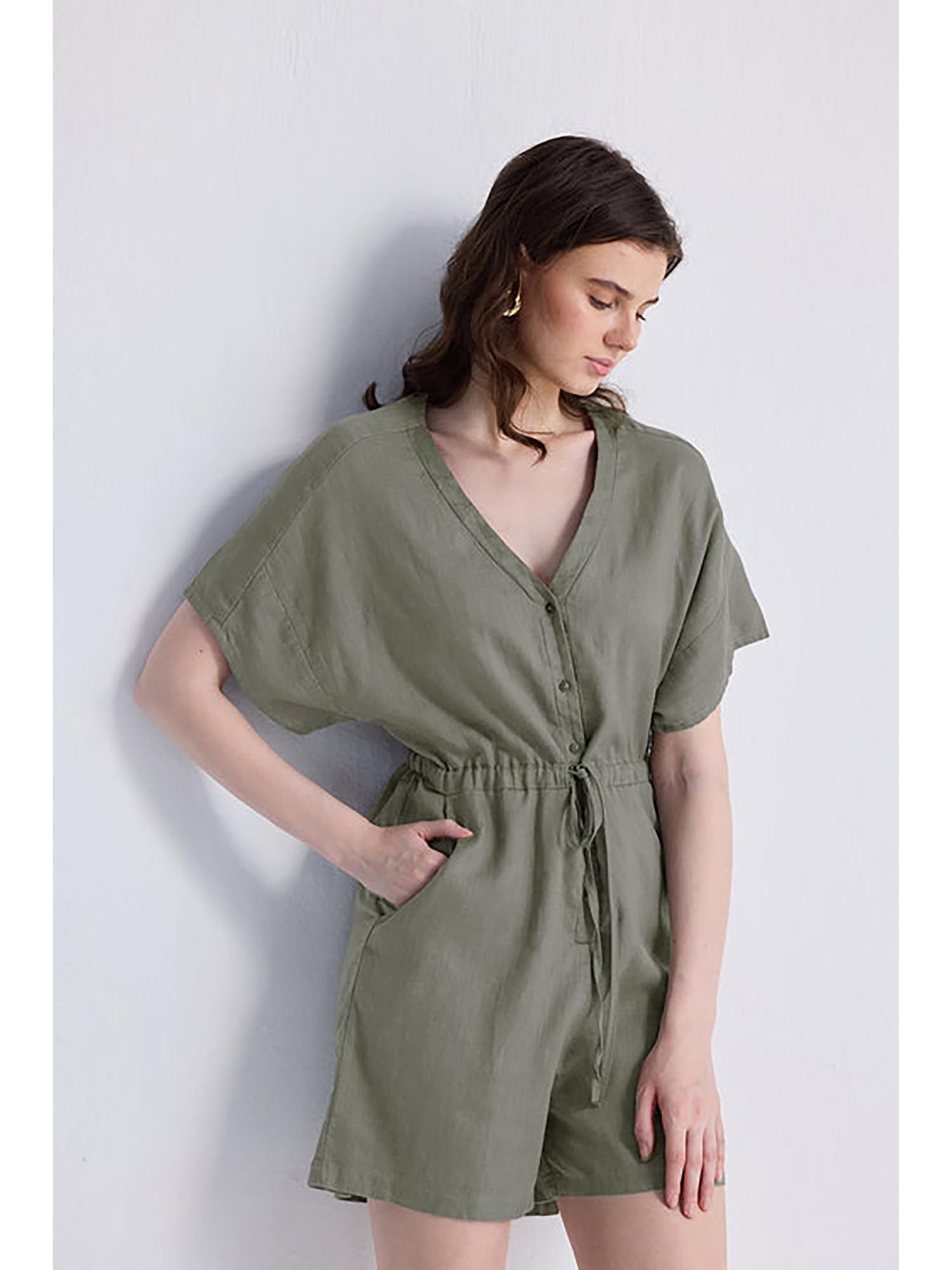 reistor Green V Neck Drawstring Romper Playsuit-picture-31